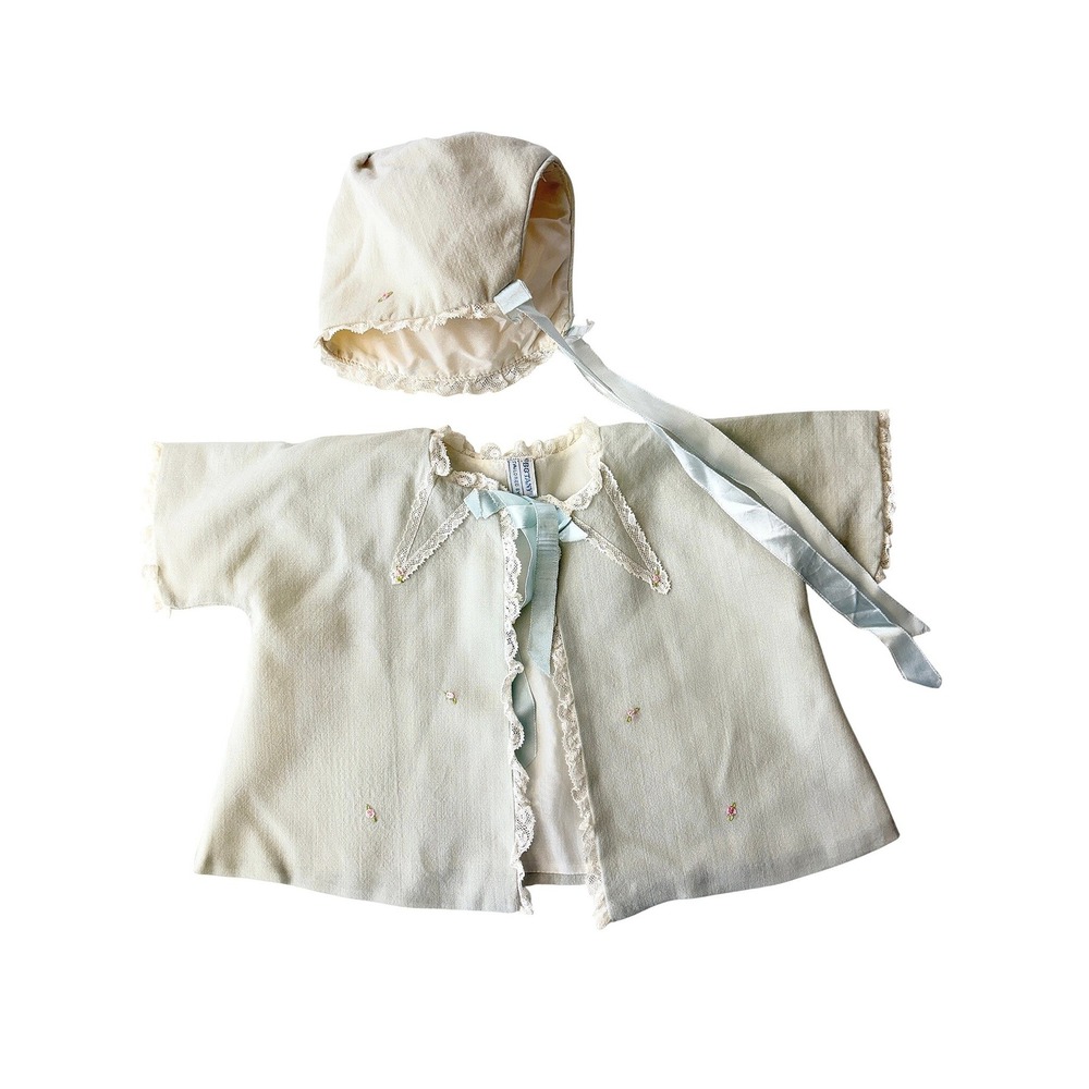 Vtg BOTANY Brand Baby Jacket Bonnet Set Wool Flannel Blue Mint 3-6M Cottagecore